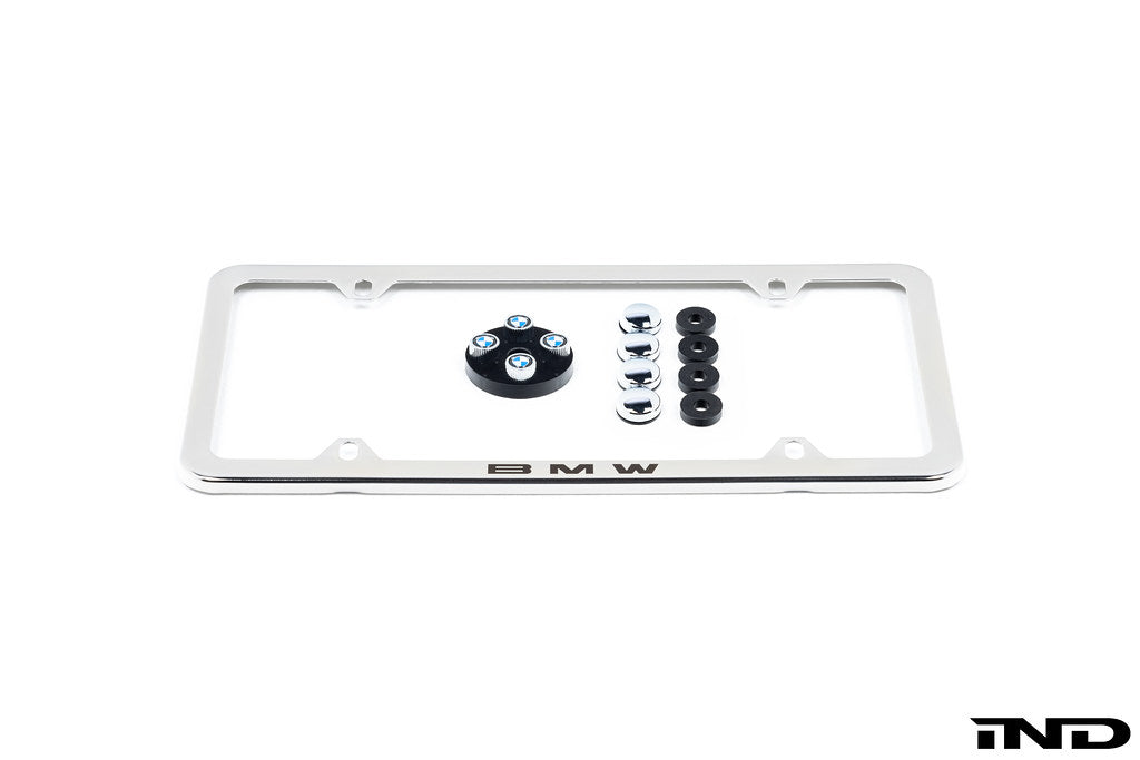 BMW Laser Slimline License Plate Frame with BMW Roundel Valve Stem Caps - Polished Silver