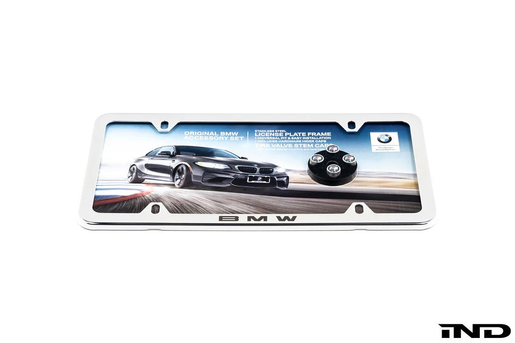 BMW Laser Slimline License Plate Frame with M Logo Valve Stem Caps - Polished Silver