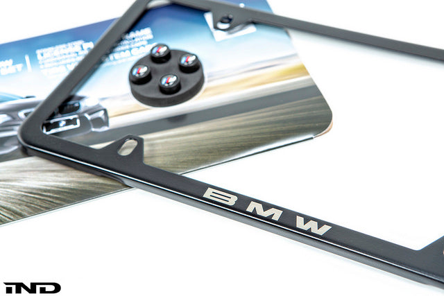BMW Laser Slimline License Plate Frame with M Logo Valve Stem Caps - Satin Black
