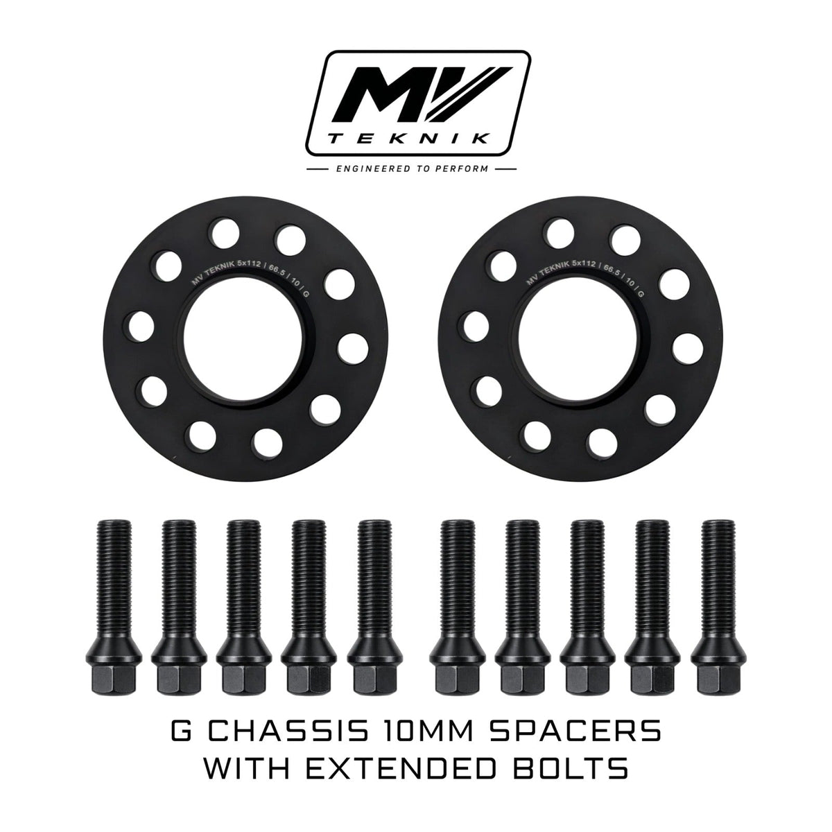 MV Teknik 10 mm BMW G-chassis wheel spacers, 5x112 and 66.5 mm centre bore, pair with 10 extended wheel bolts